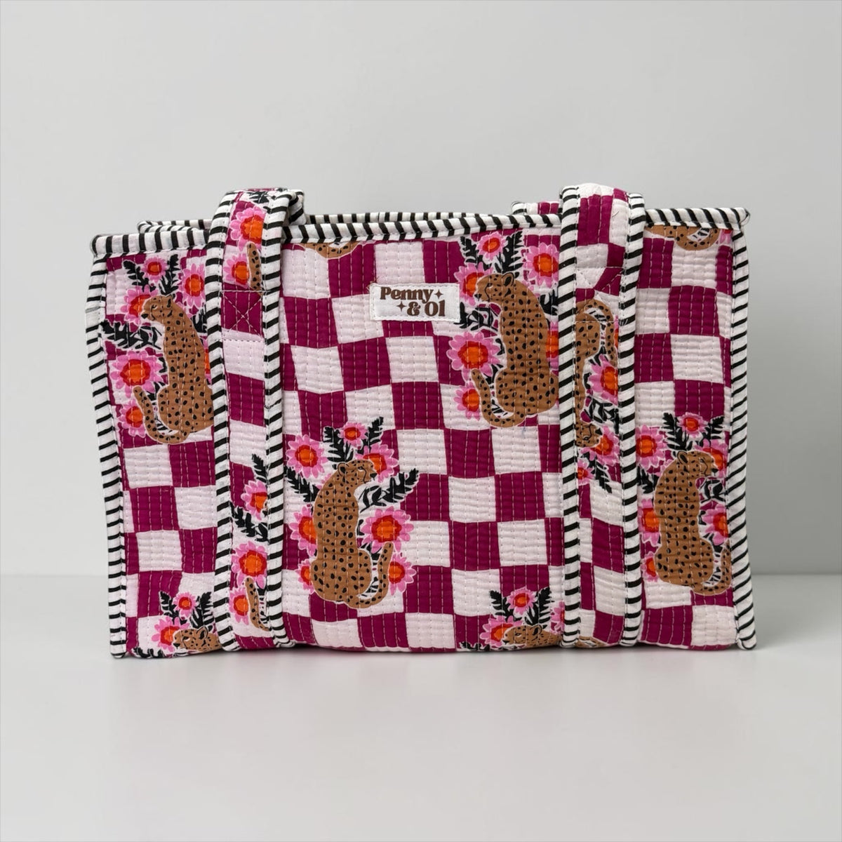 Plum Checkerboard Leopard MEDIUM Cotton tote bag