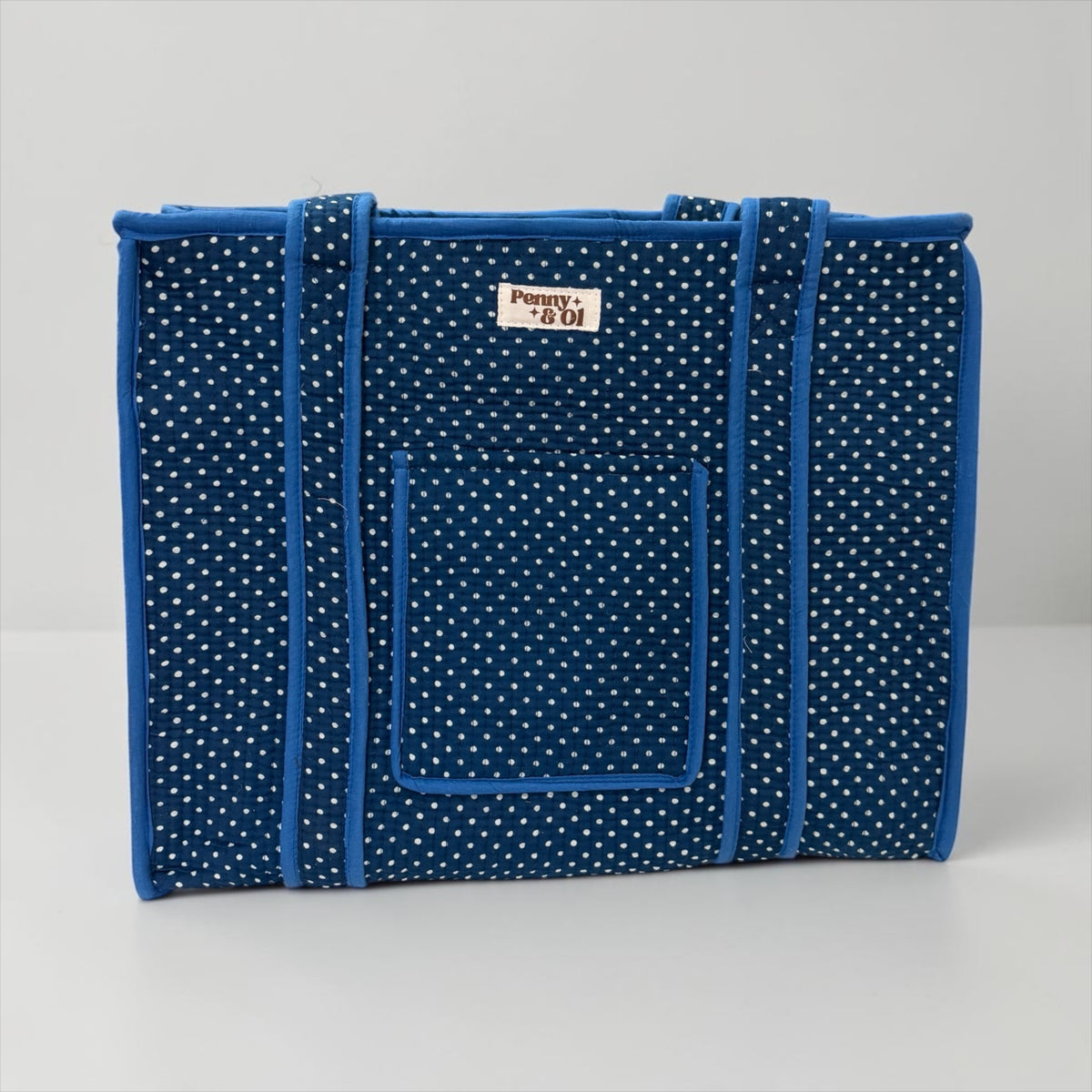 Royal Blue Polka Dot Travel Tote, Handmade Cotton Tote Bag