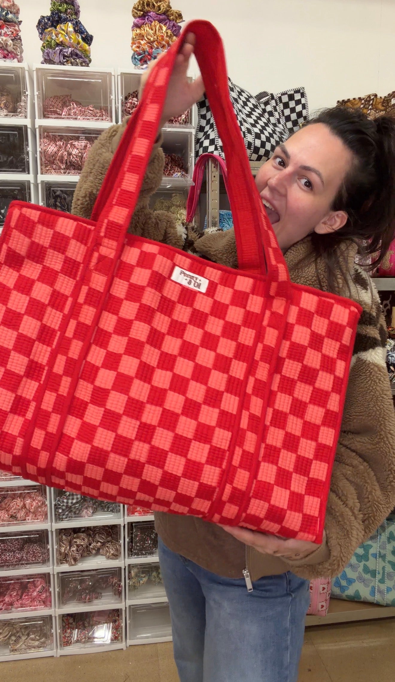 Pink & Red Checkerboard LARGE Cotton Tote Bag