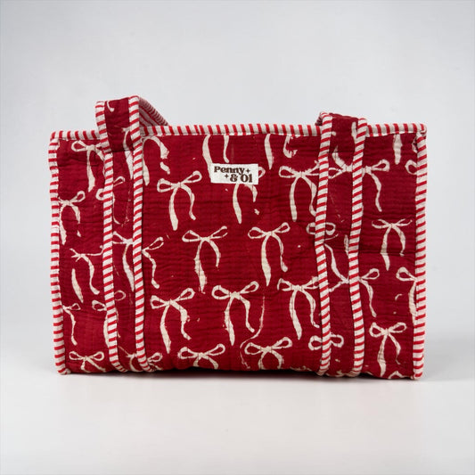 Red Bows Medium Cotton, handmade tote bag