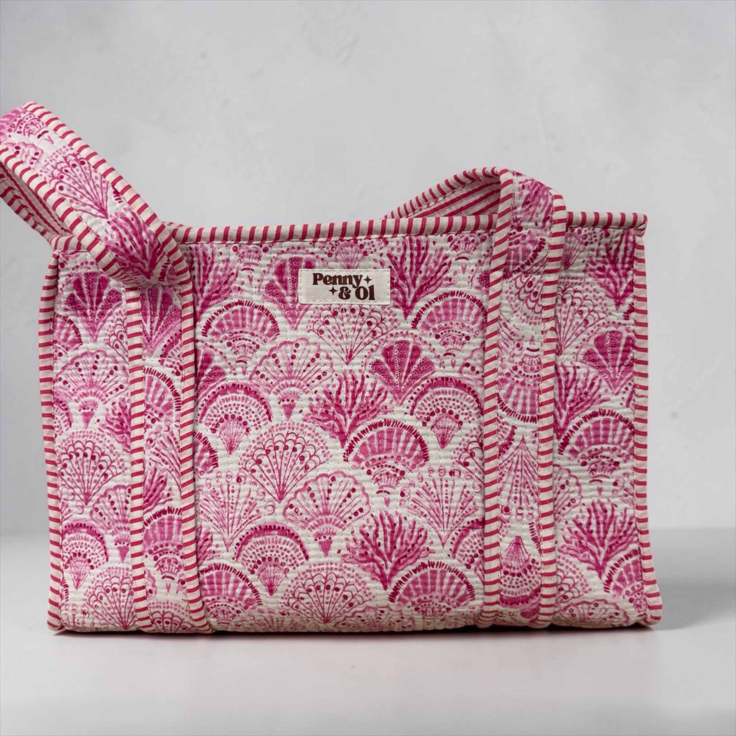 Pink Seashells Medium Cotton, handmade tote bag
