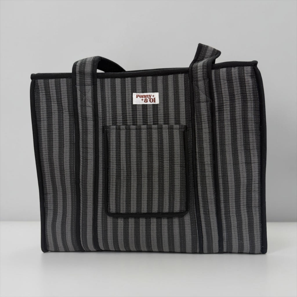 Grey & Black Stripe Travel Tote, Handmade Cotton Tote Bag