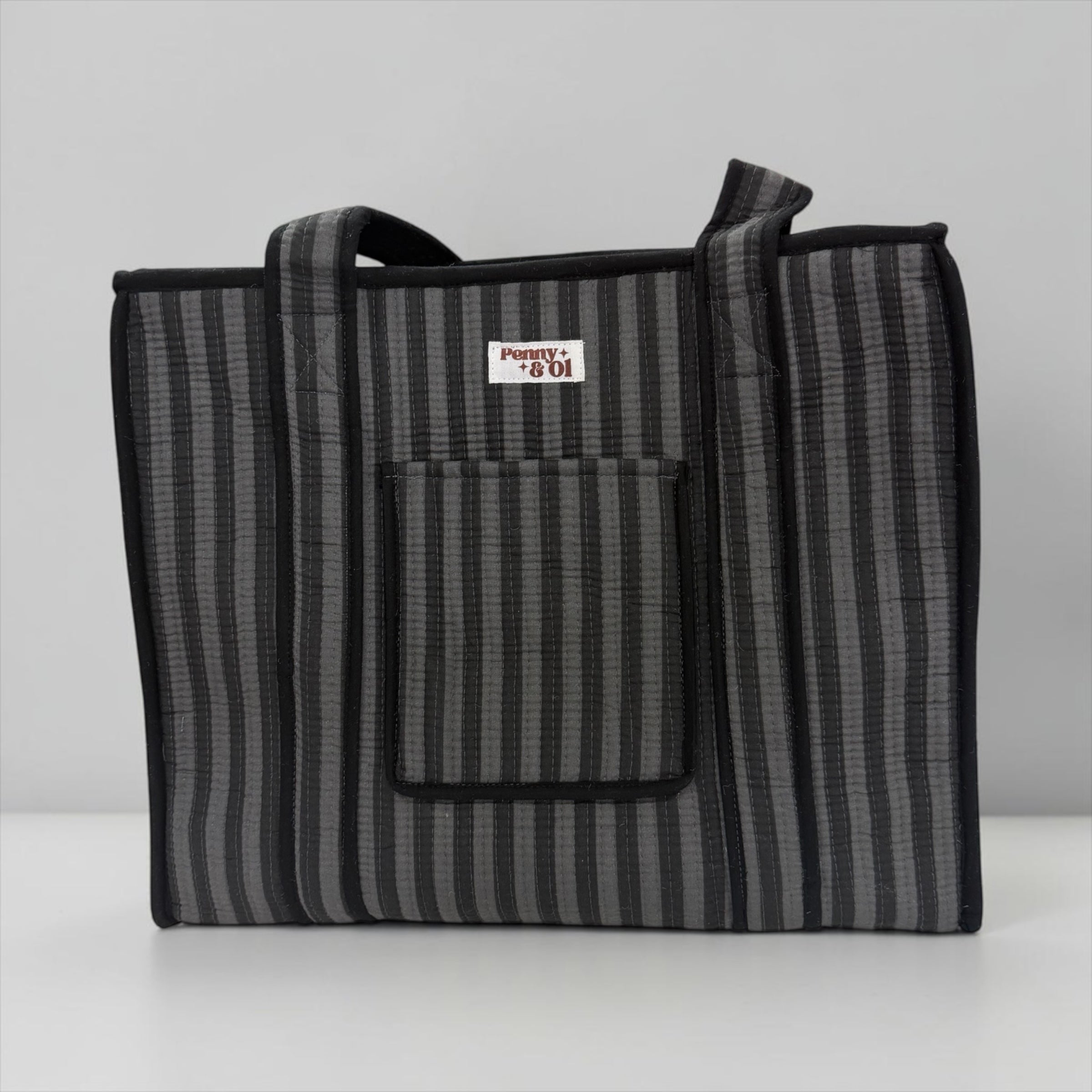 Grey & Black Stripe Travel Tote, Handmade Cotton Tote Bag