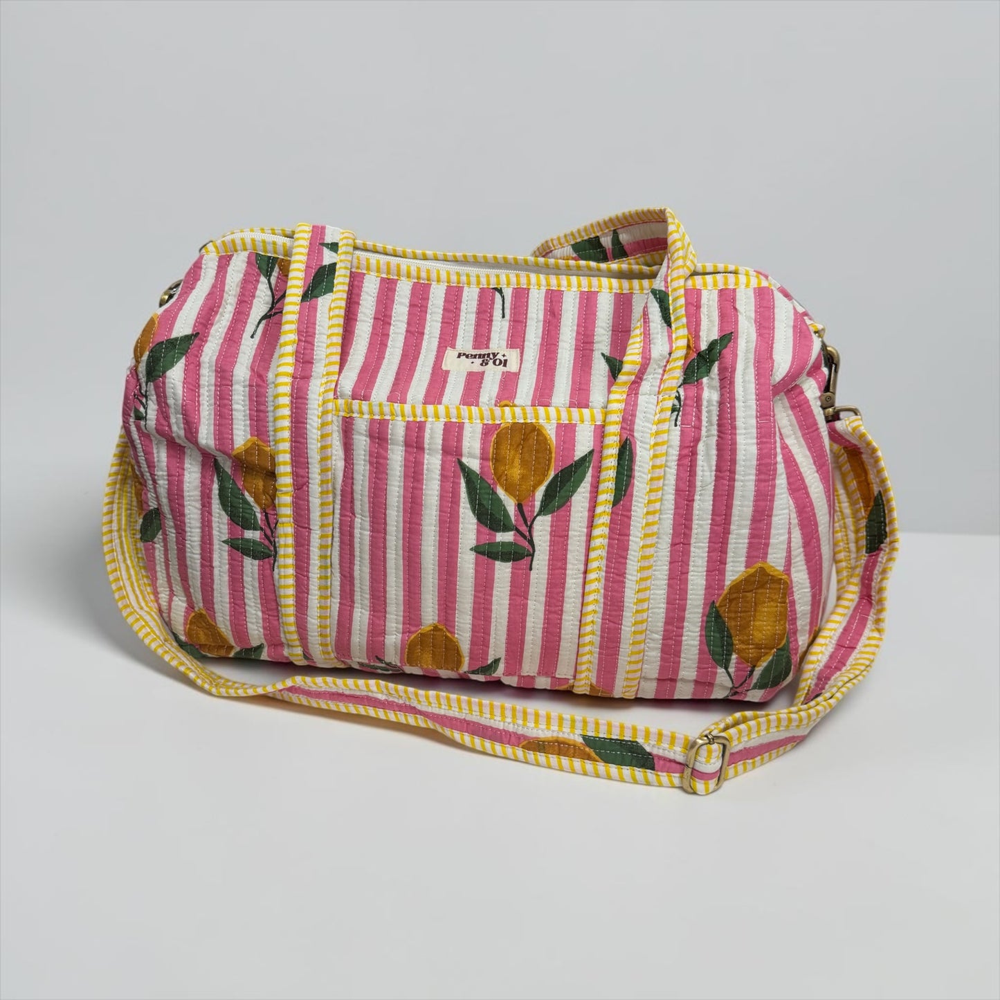 Pink Stripe Lemons MEDIUM DUFFLE Tote Bags - Penny & Ol
