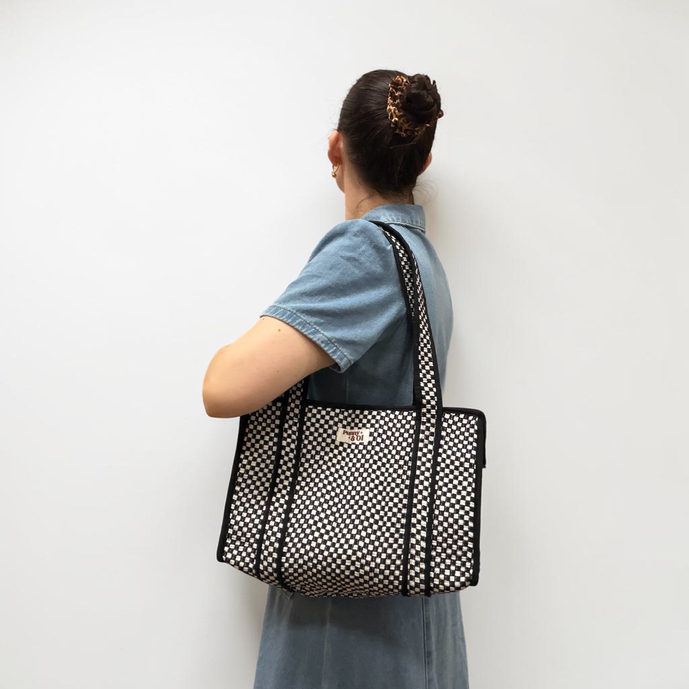 Small black and white checkerboard MEDIUM Cotton tote bag