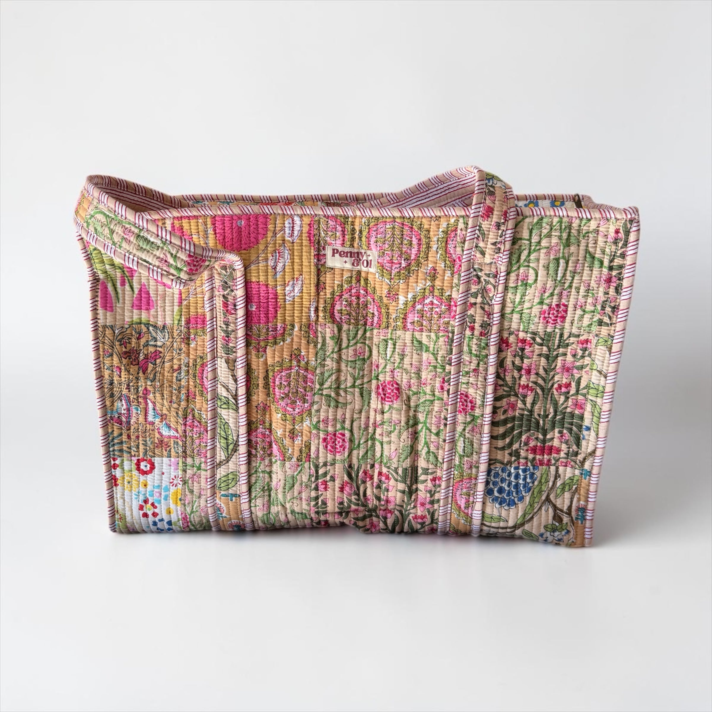 Beige Patchwork Large Cotton Tote Bag, handmade tote bags
