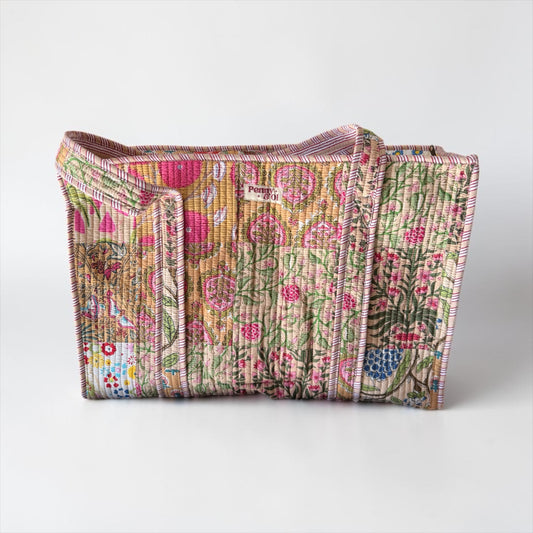 Beige Patchwork Large Cotton Tote Bag, handmade tote bags