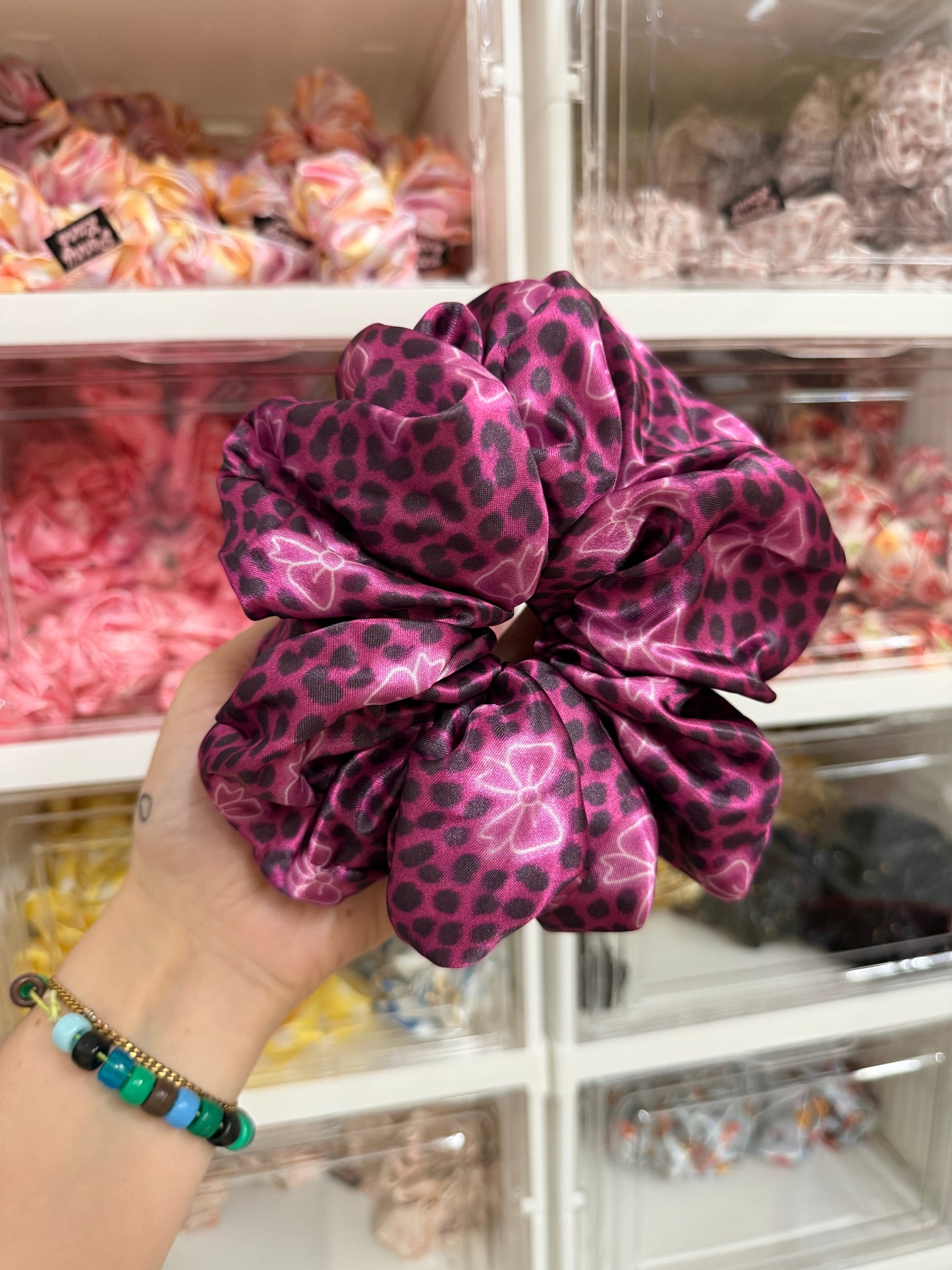 Pink leopard neon bows XL Satin Hair Scrunchie