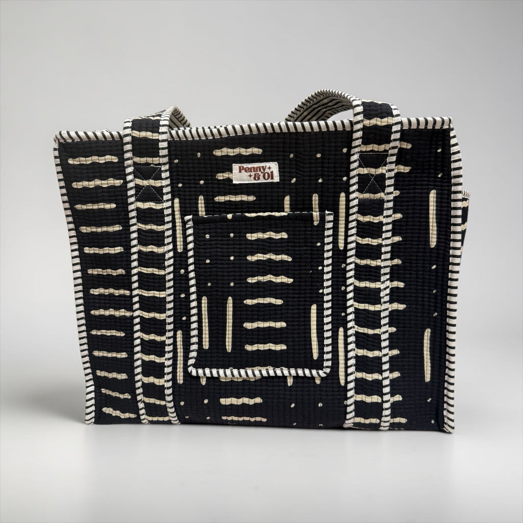 Monochrome Travel Tote, Handmade Cotton Tote Bag