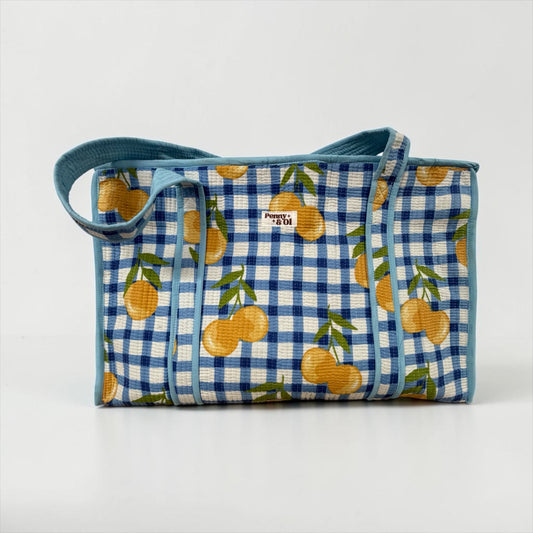Blue Gingham Lemons Large Cotton Tote Bag, handmade tote bags