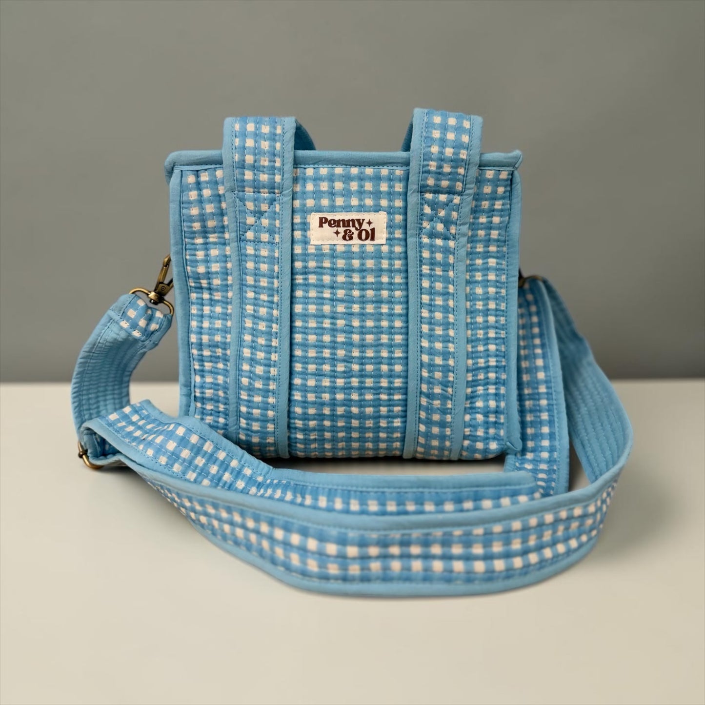 Baby Blue Gingham Collection. Cotton, handmade tote bags