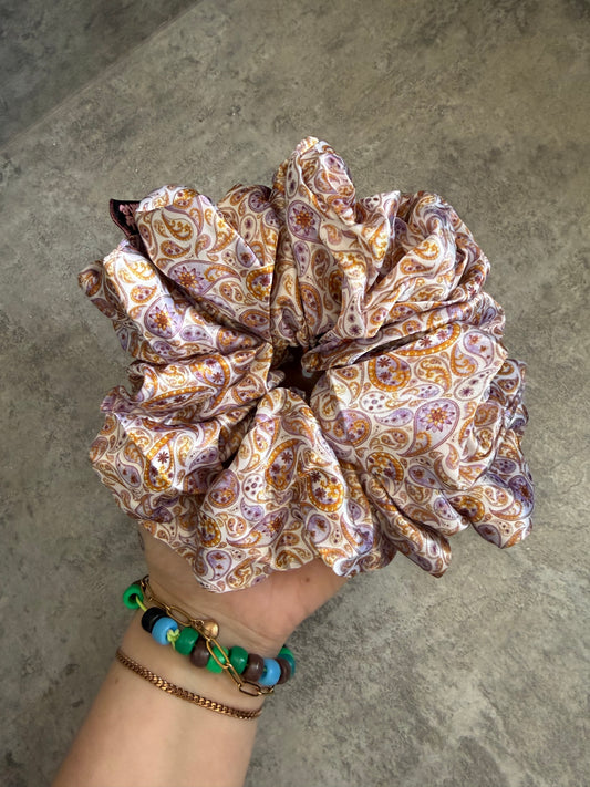 Lilac and gold paisley XL Satin Hair Scrunchie