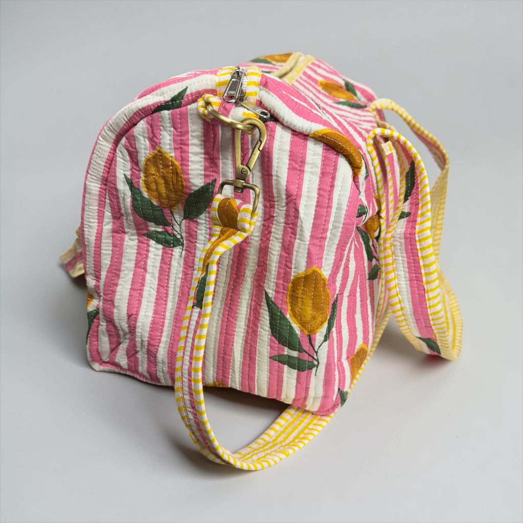 Pink Stripe Lemons MEDIUM DUFFLE Tote Bags - Penny & Ol
