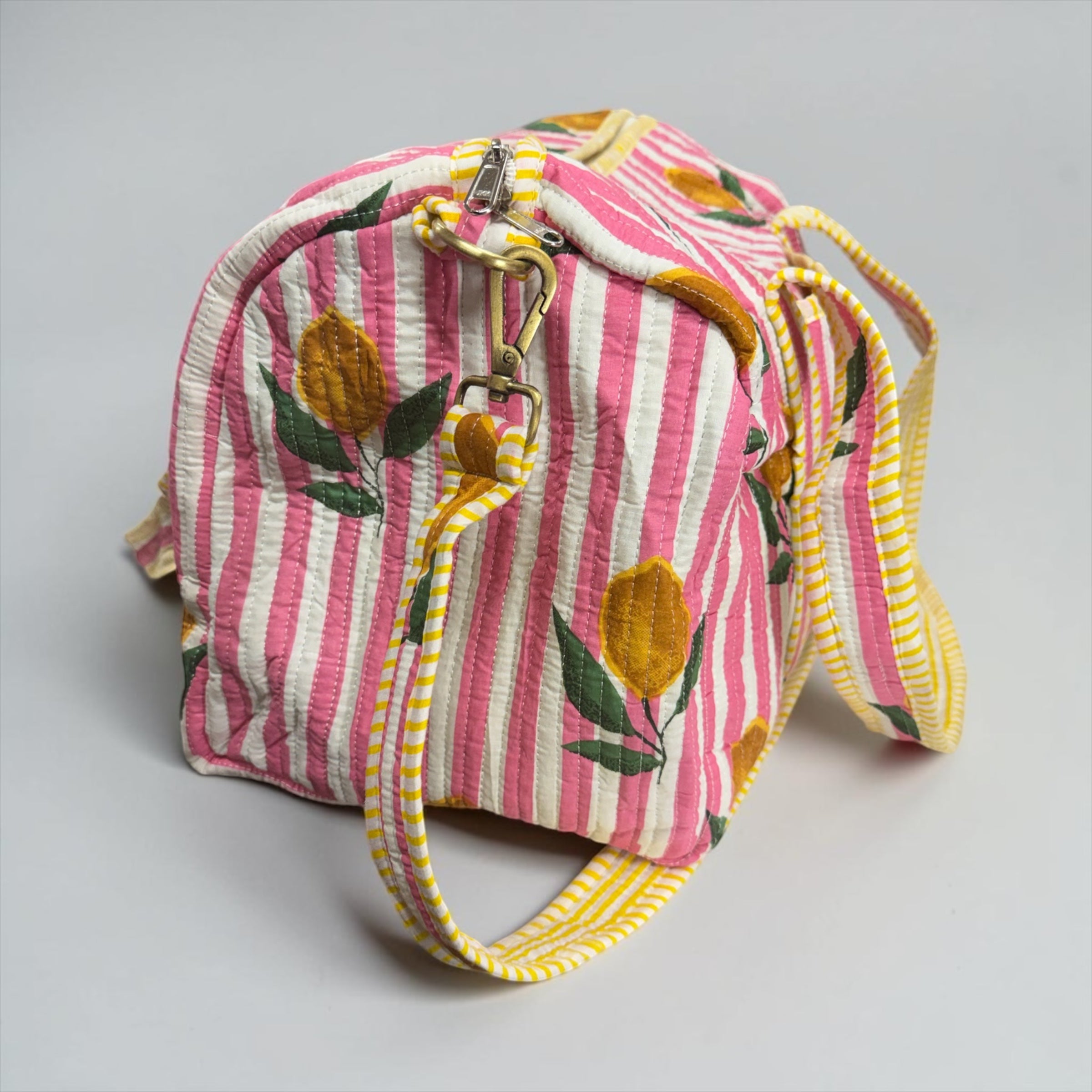 Pink Stripe Lemons MEDIUM DUFFLE Tote Bags - Penny & Ol