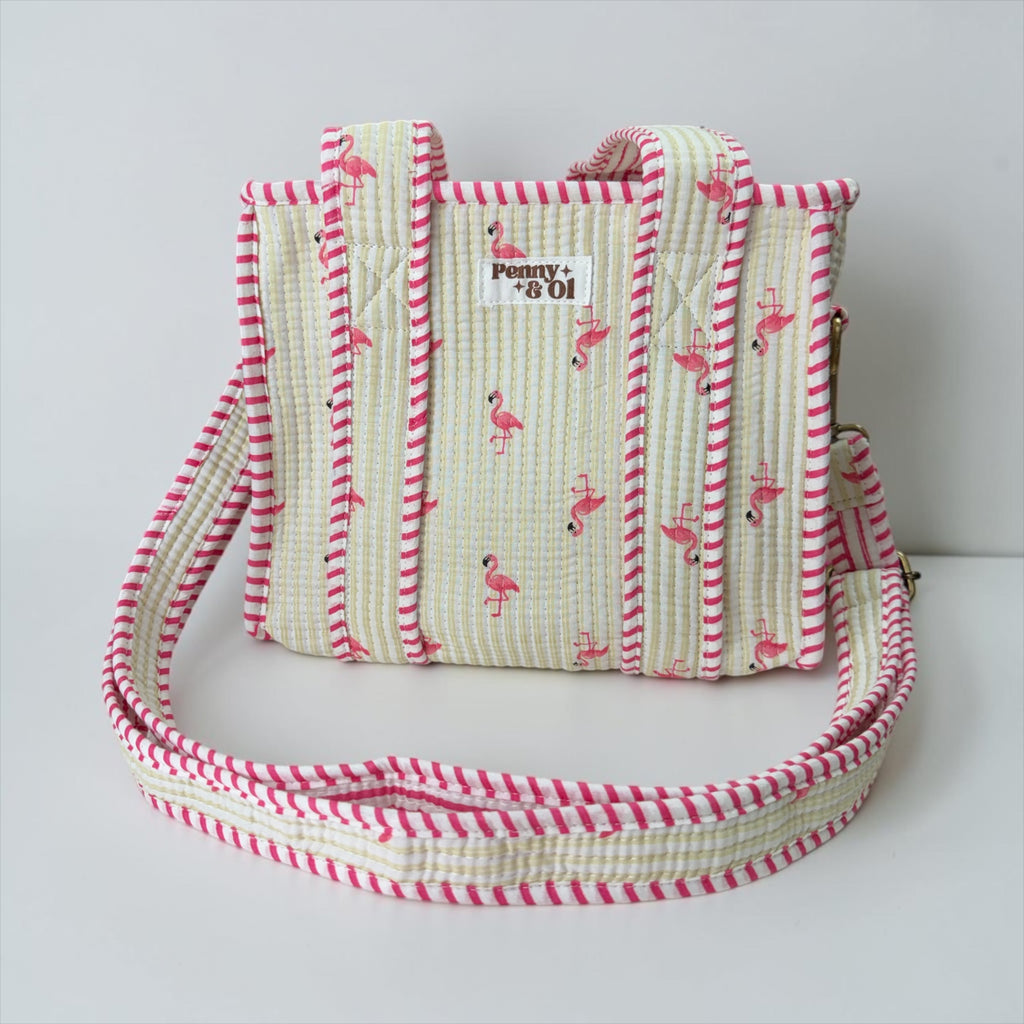 Beige Stripe Flamingos MINI Tote Bag - Penny & Ol