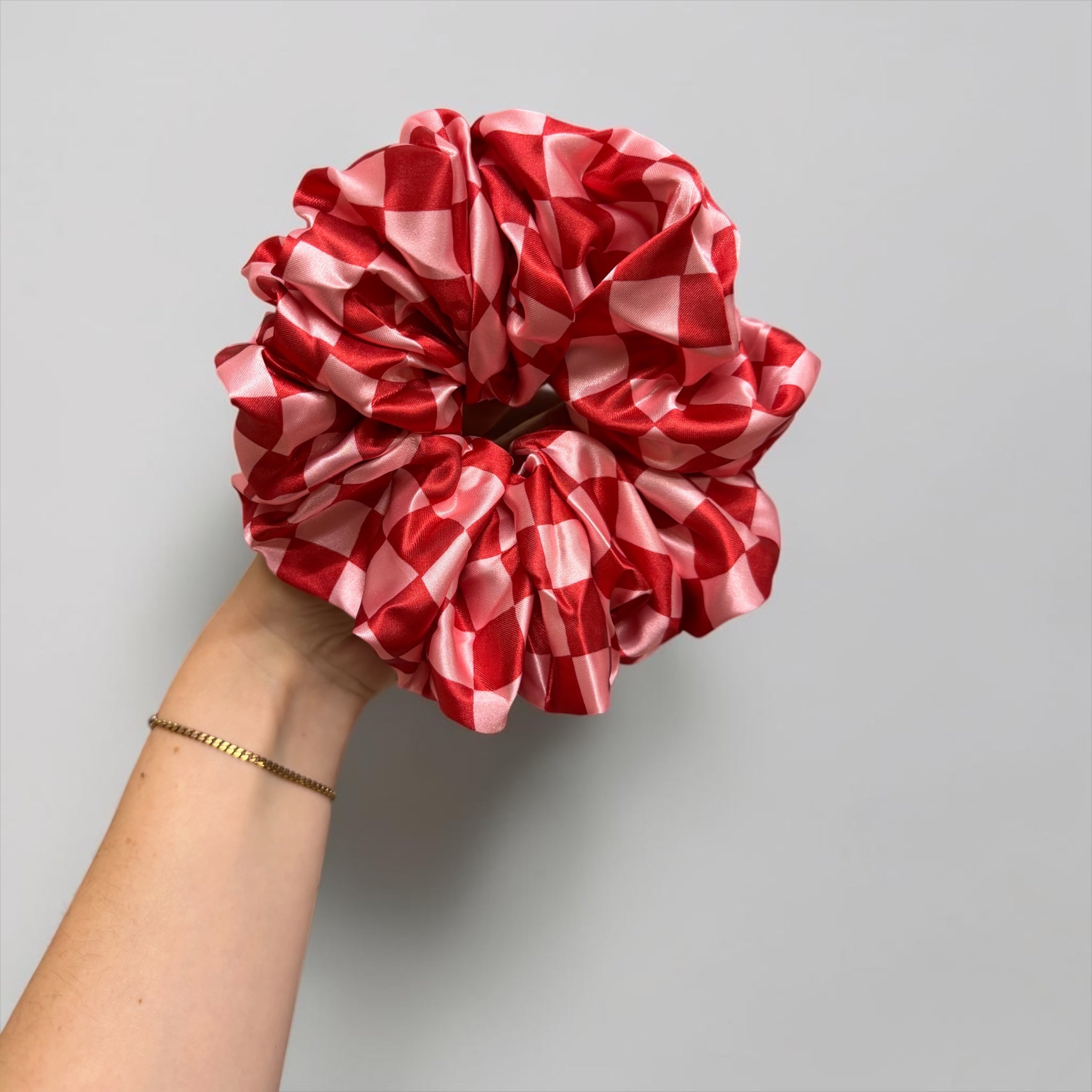 Pink & Red Checkerboard XL Satin Hair Scrunchie