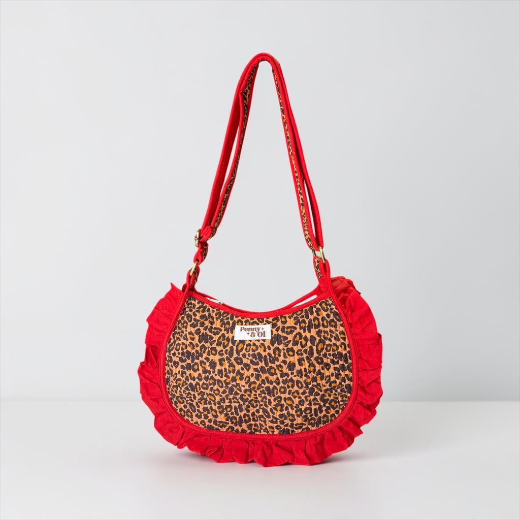 Red Leopard Ruffle Shoulder Bag, Handmade Cotton Tote Bags
