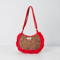 Red Leopard Ruffle Shoulder Bag, Handmade Cotton Tote Bags