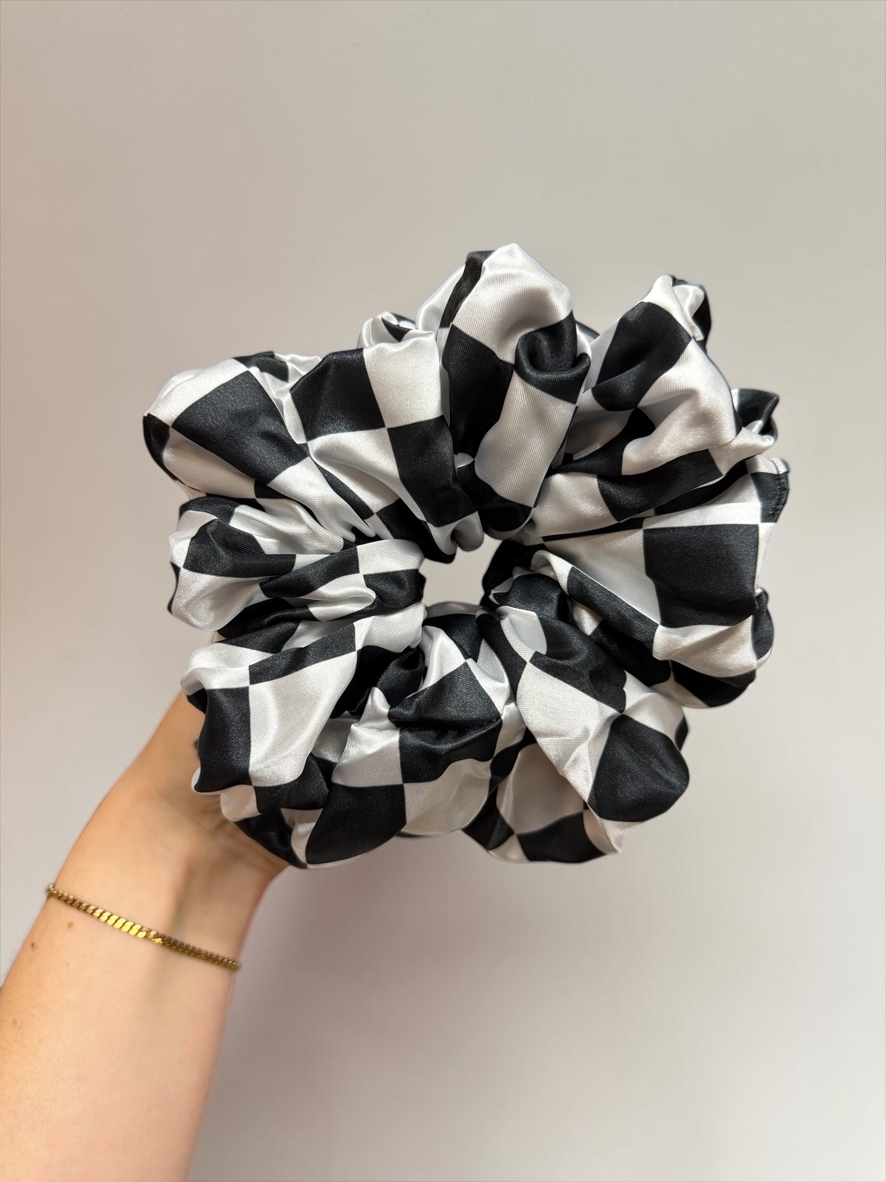 Black & White Checkerboard XL Satin Hair Scrunchie
