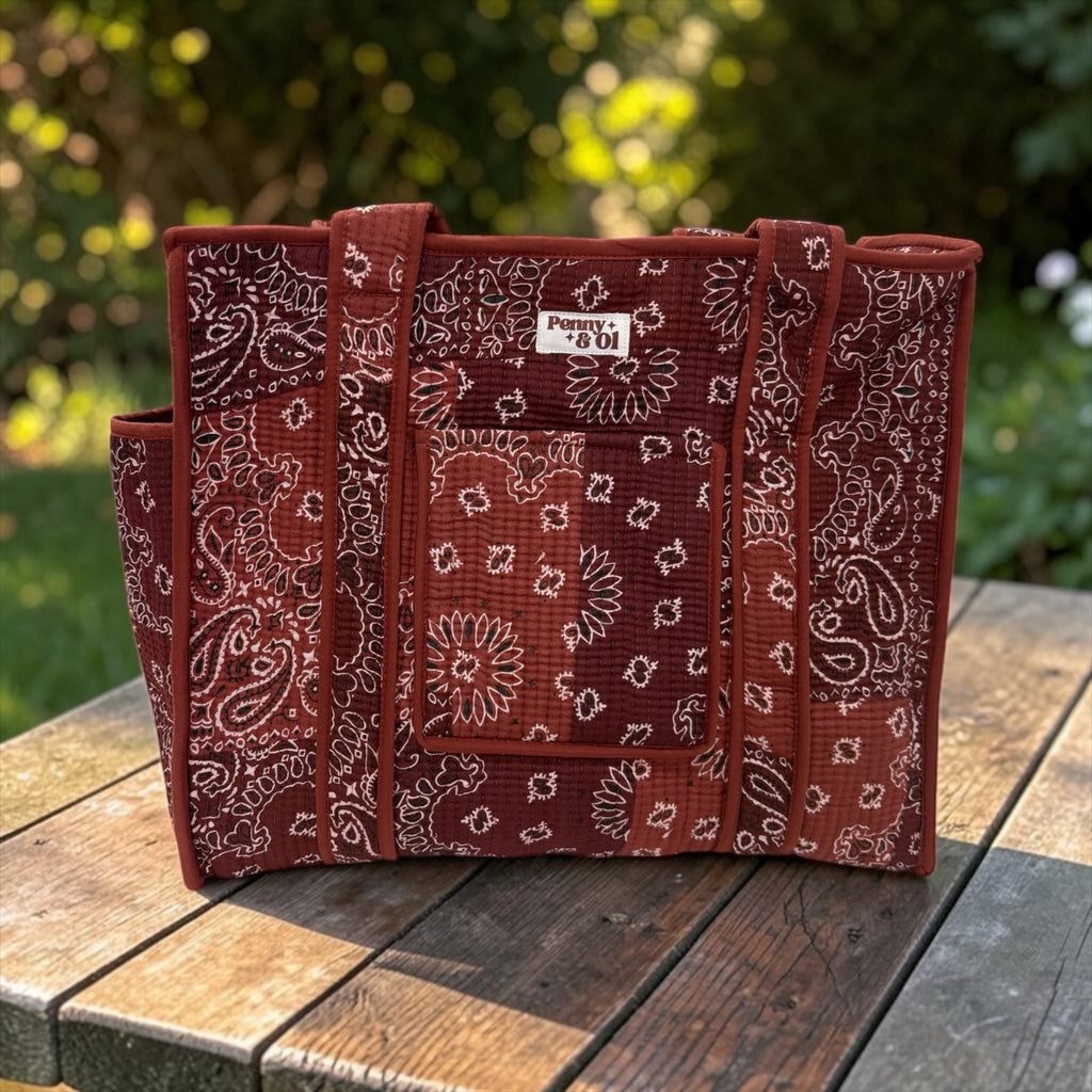 Burgundy Paisley Bandana Travel Tote, Handmade Cotton Tote Bag