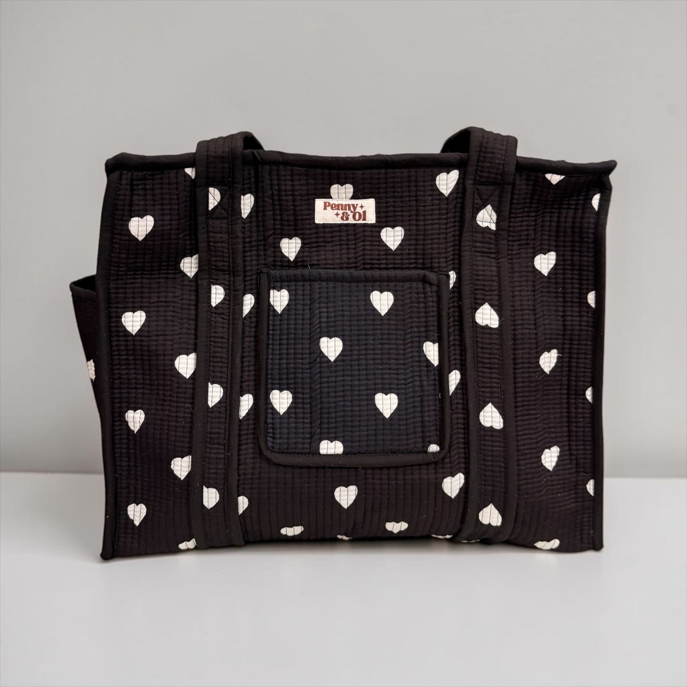 Black Hearts Travel Tote, Handmade Cotton Tote Bag