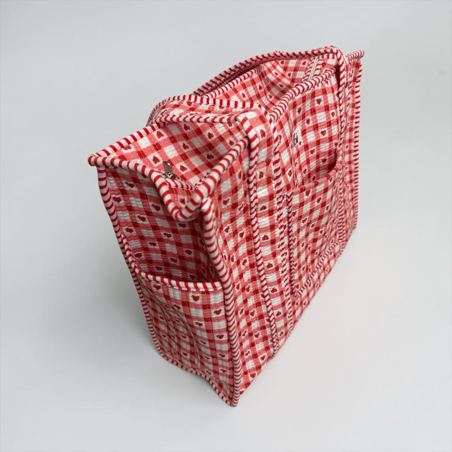 Pink Gingham Hearts Travel Tote, Handmade Cotton Tote Bag