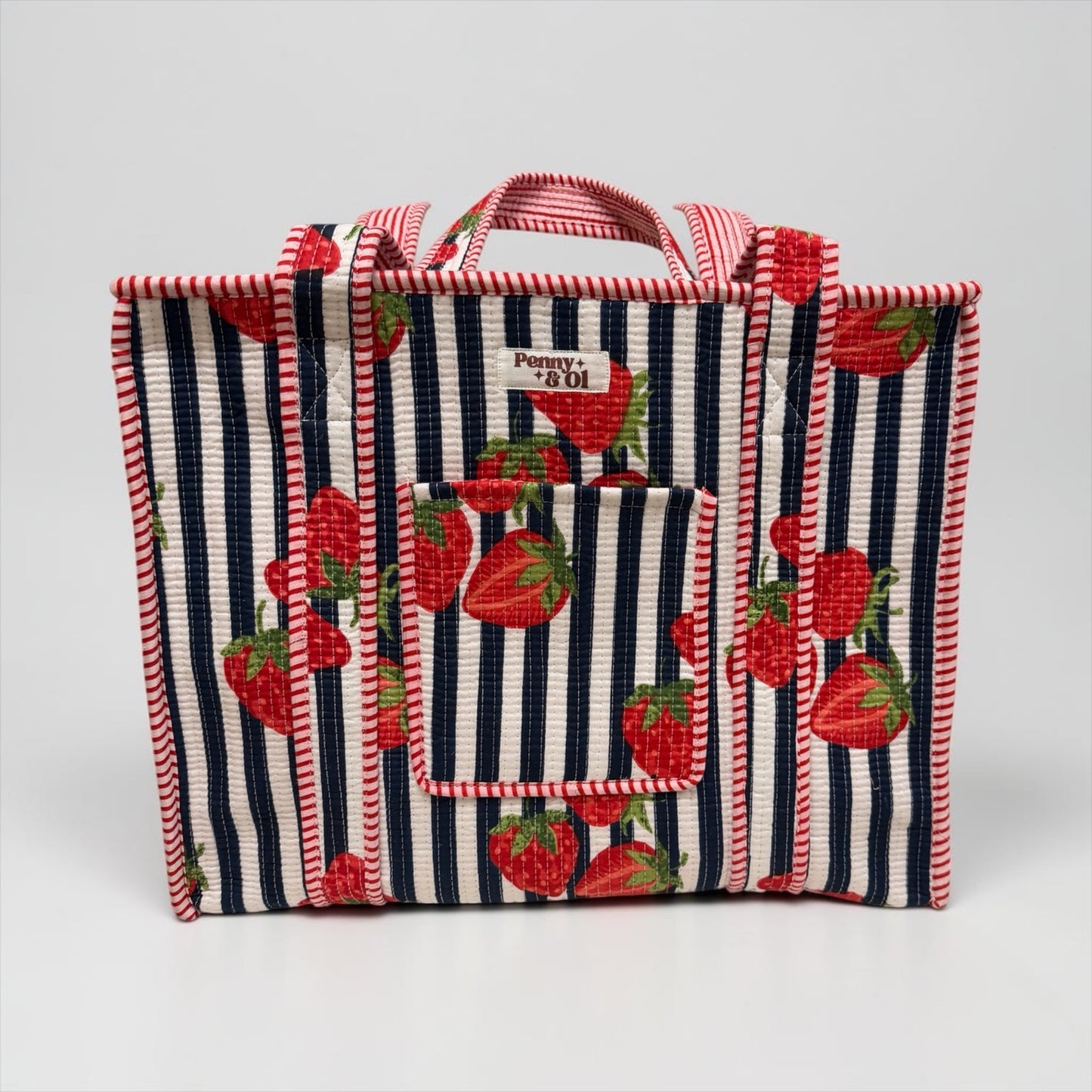 Navy Stripe Strawberry Travel Tote, Handmade Cotton Tote Bag l