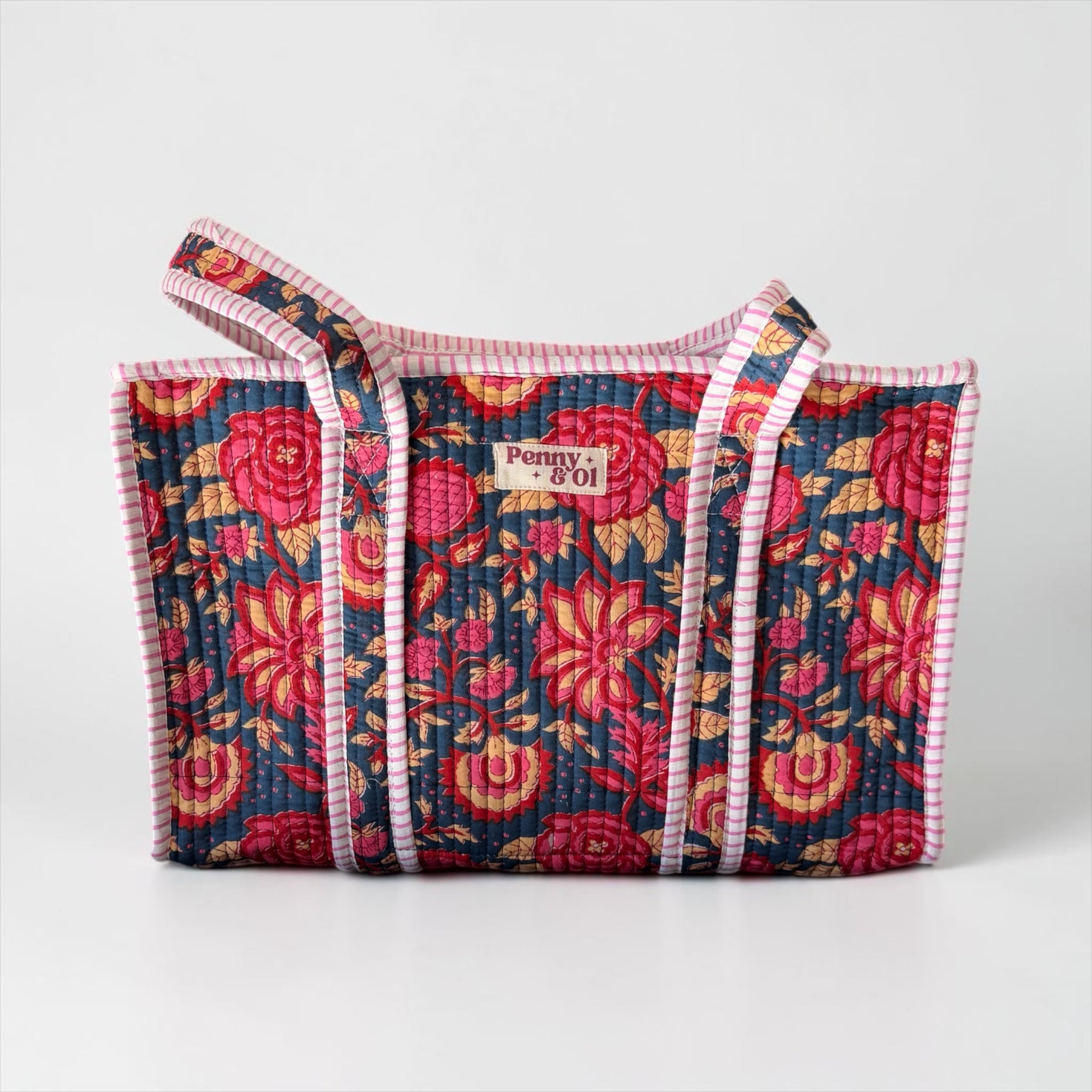 Navy Blossom Medium Cotton, handmade tote bag