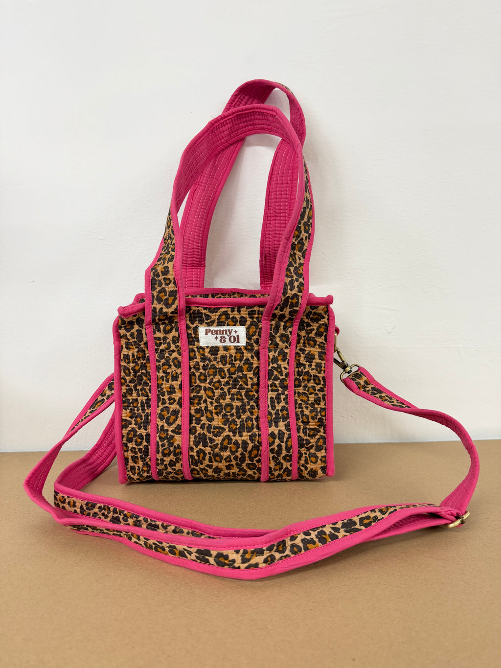 Pink Leopard Mini Tote, Handmade Cotton Tote Bag