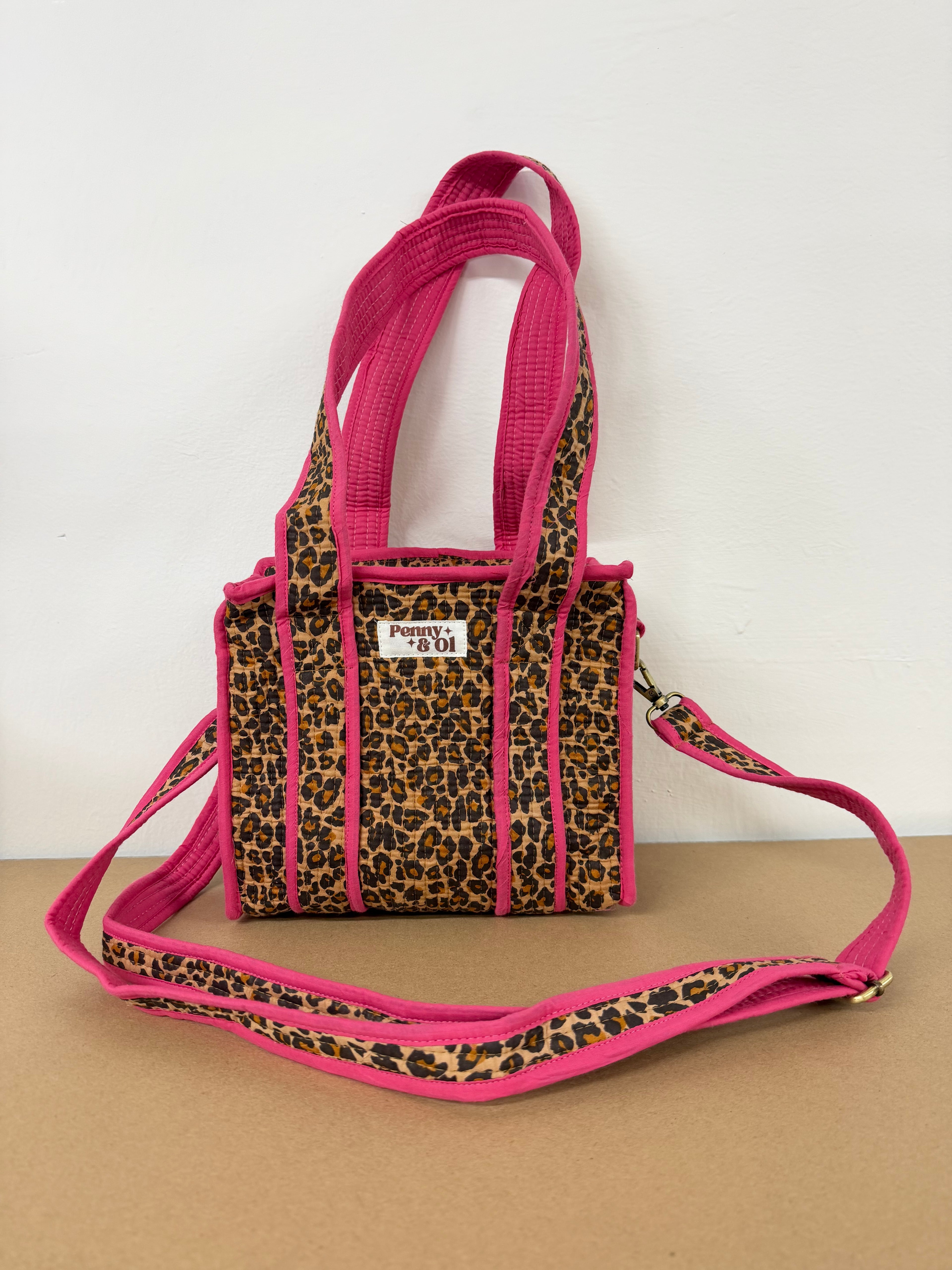 Pink Leopard Mini Tote, Handmade Cotton Tote Bag