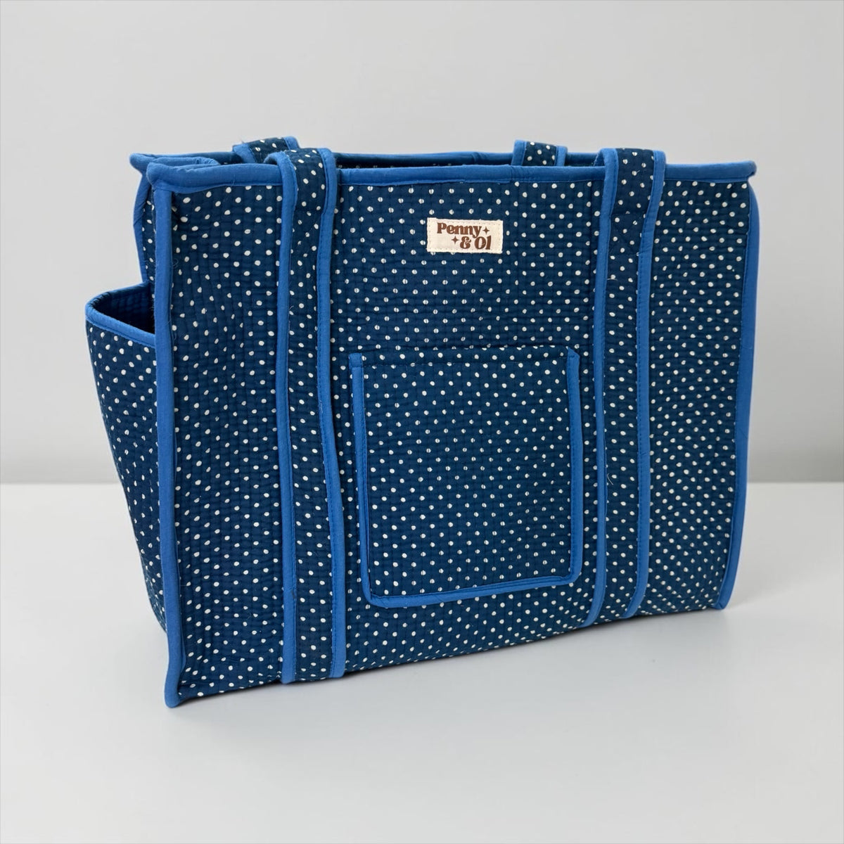 Royal Blue Polka Dot Travel Tote, Handmade Cotton Tote Bag