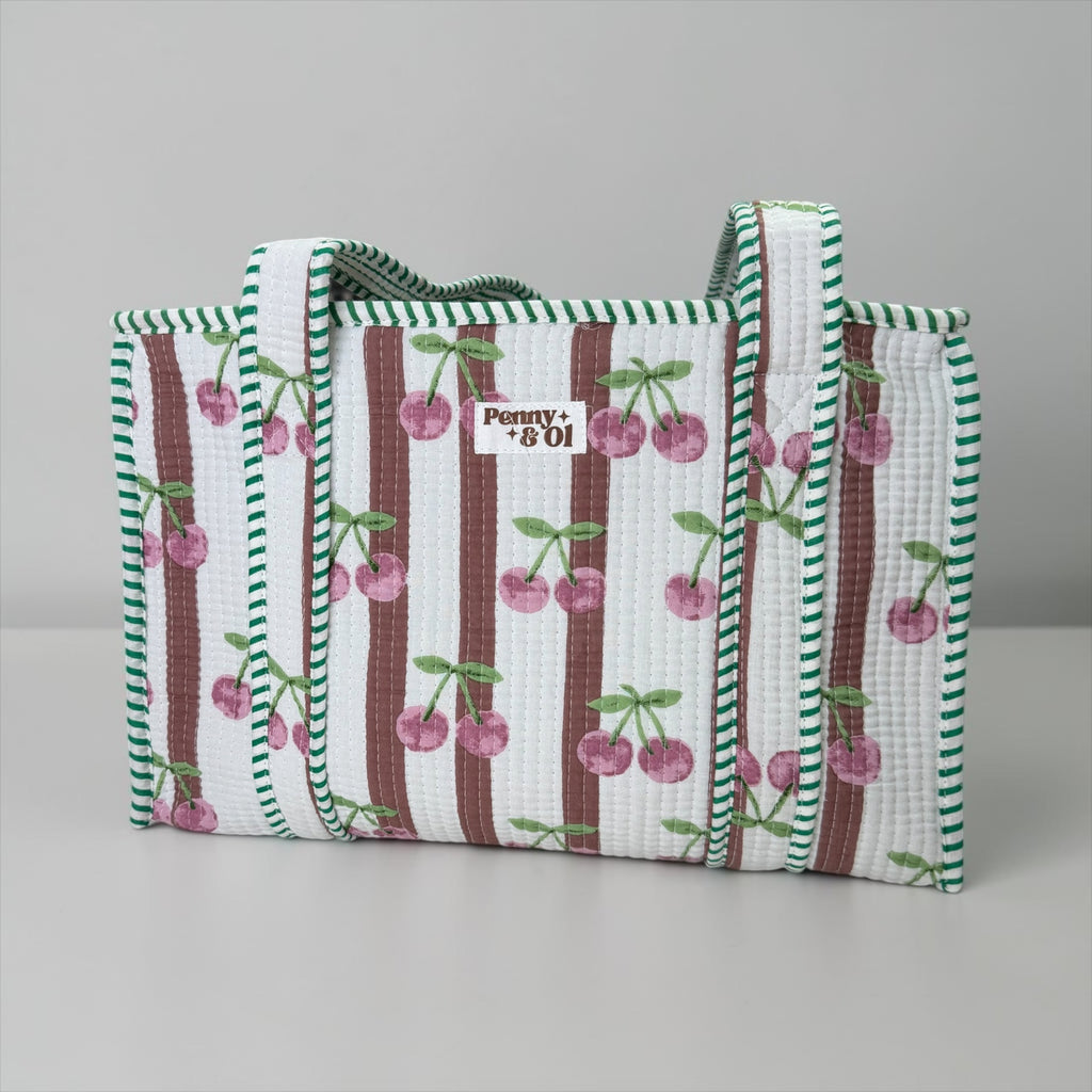 Mauve Stripe Cherries MEDIUM Cotton tote bag