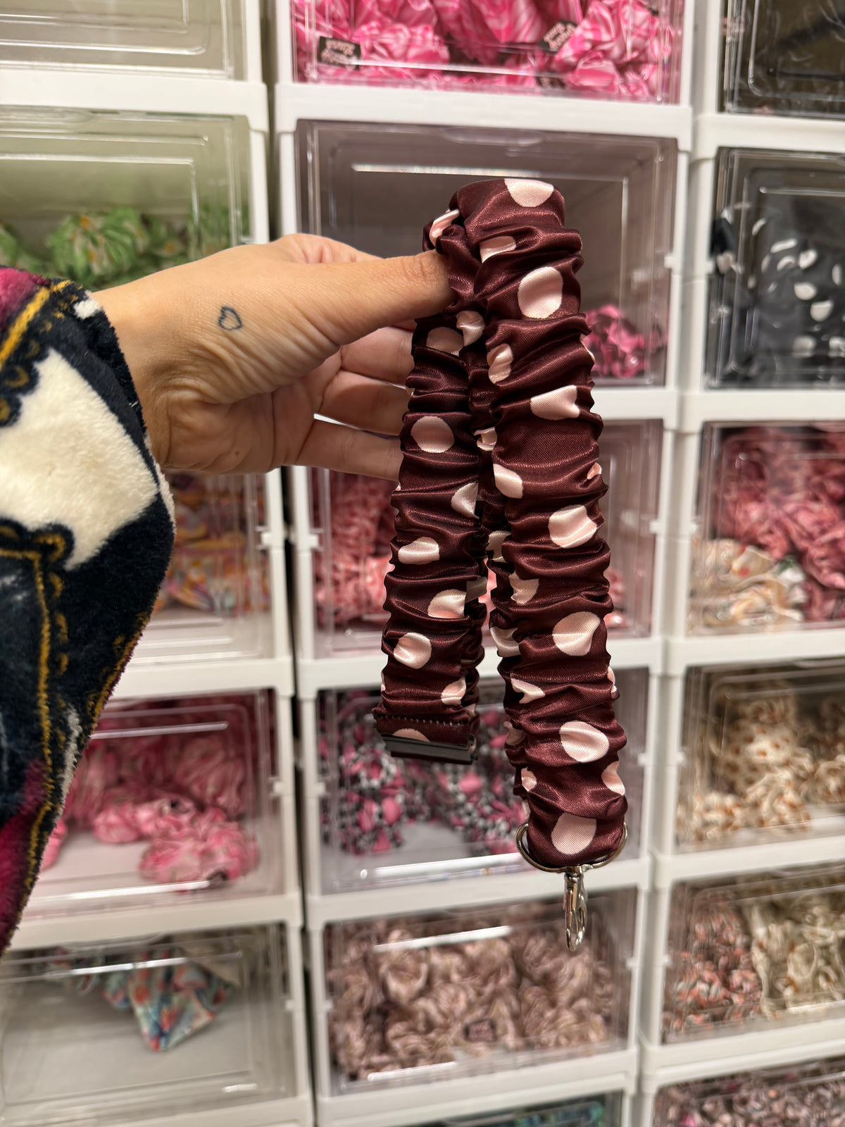 Burgundy And Pink Polkadot Scrunchie Lanyard