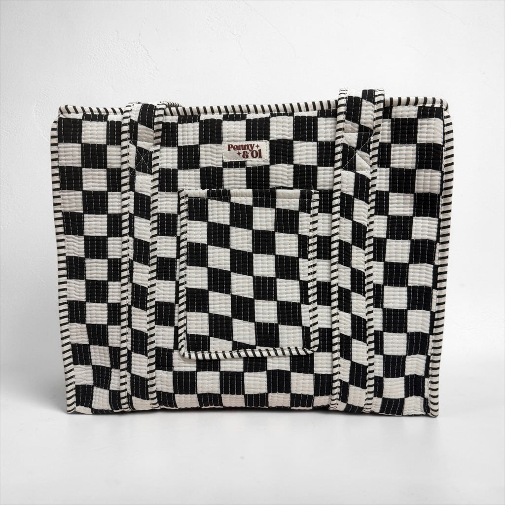 Black and white checkerboard travel tote bags. Handmade cotton totes