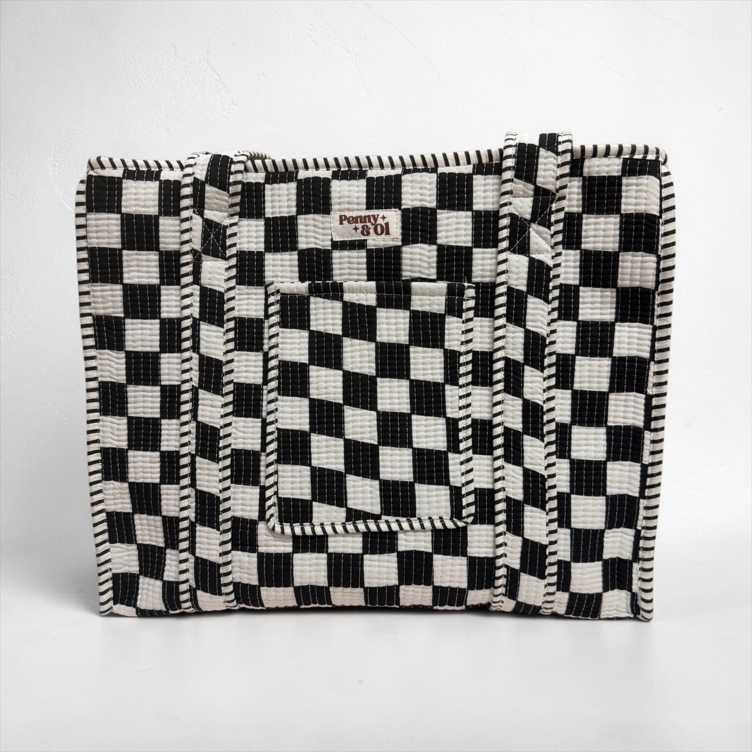 Black and white checkerboard travel tote bags. Handmade cotton totes