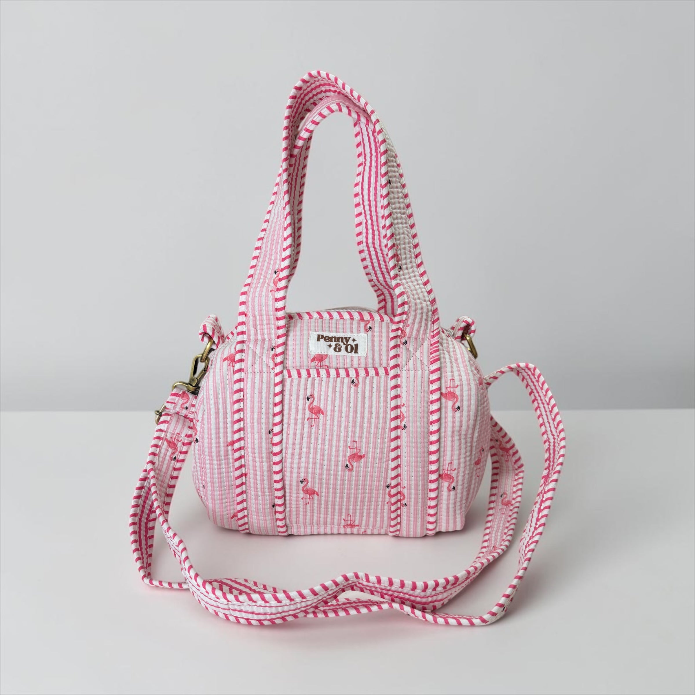 Pink Stripe Flamingos Mini Duffle Tote Bags - Penny & Ol