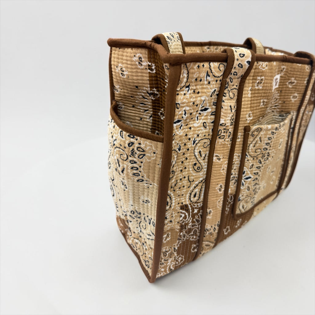 Beige & Brown Paisley Bandana Travel Tote, Handmade Cotton Tote Bag