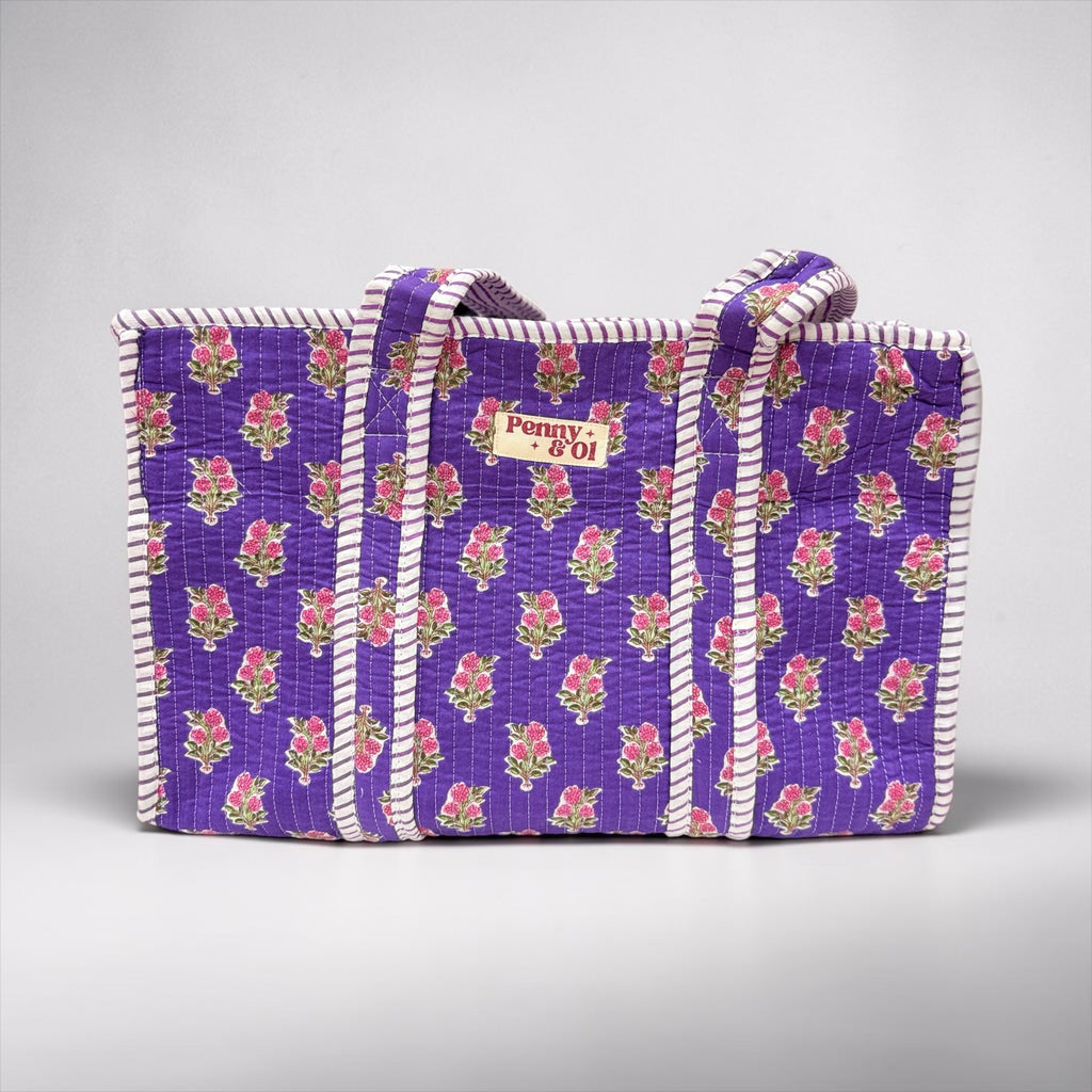 Purple Floral Blockprint MEDIUM Cotton tote bag