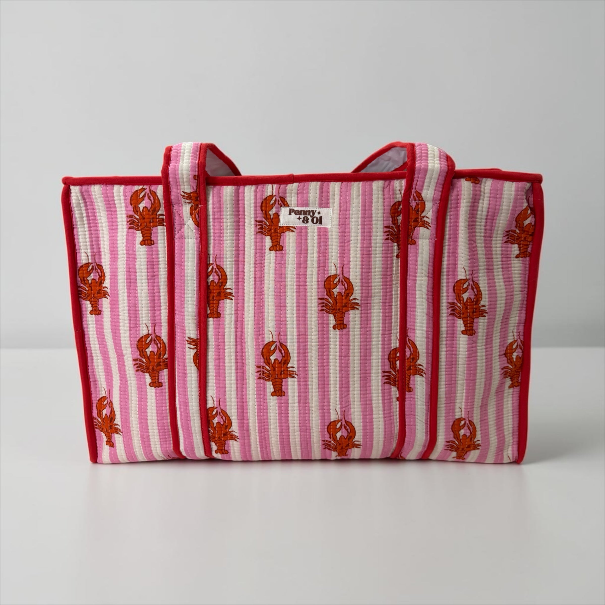 WATERPROOF Pink Stripe Lobster LARGE Cotton Tote Bag