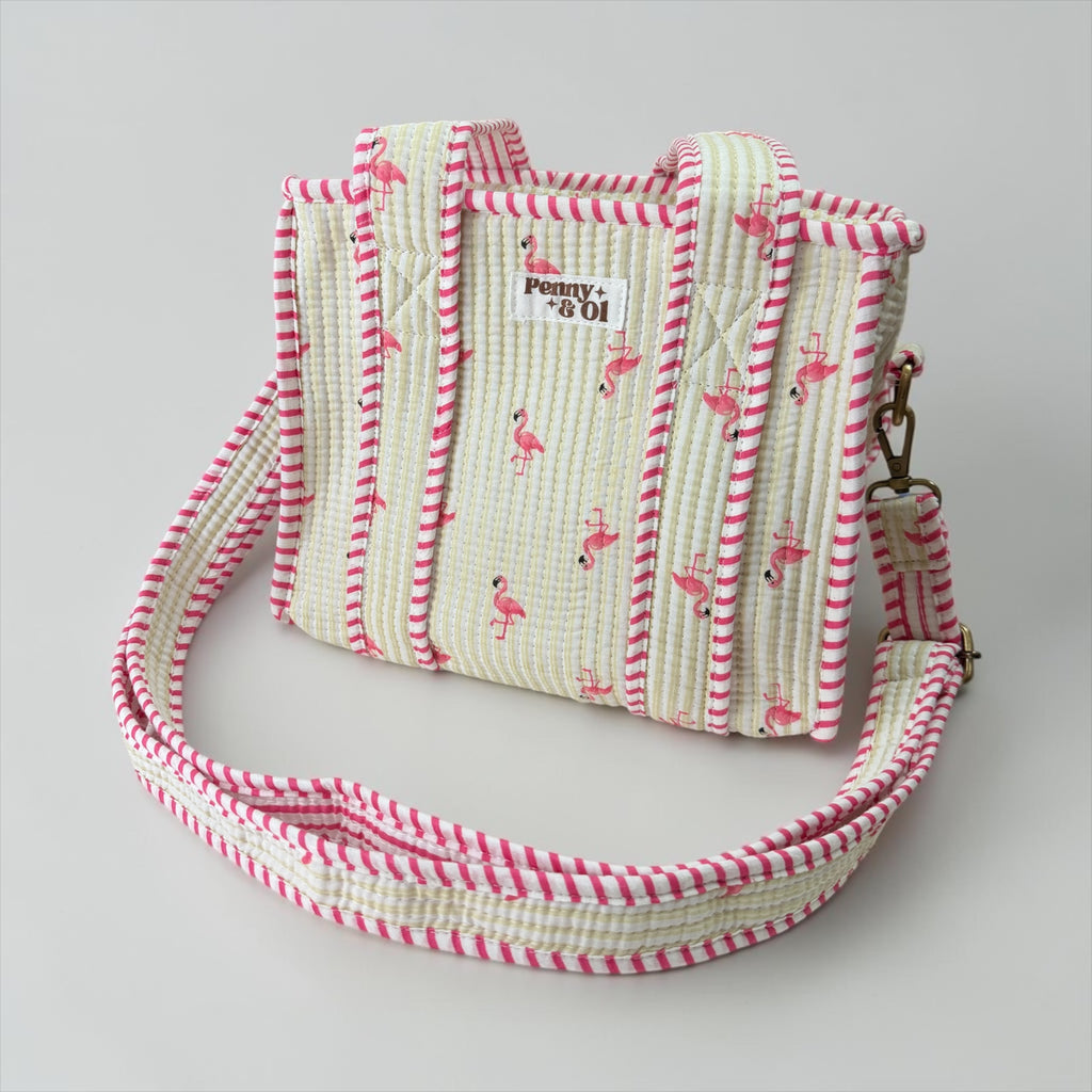 Beige Stripe Flamingos MINI Tote Bag - Penny & Ol