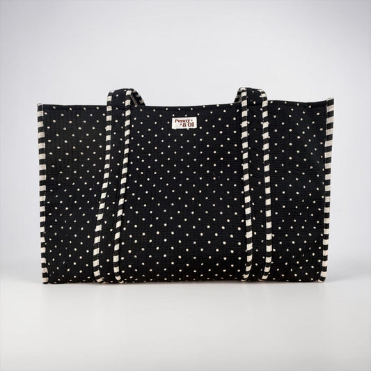 Black polka dot REVERSIBLE Large Cotton Tote Bag, handmade tote bags