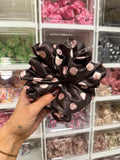 Brown and Pink Polkadot XL Satin Hair Scrunchie