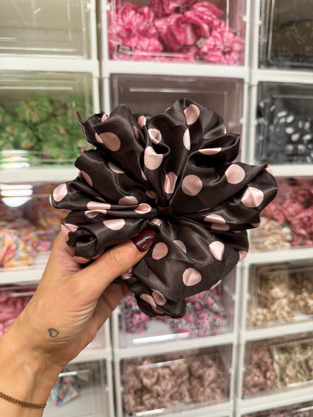 Brown and Pink Polkadot XL Satin Hair Scrunchie