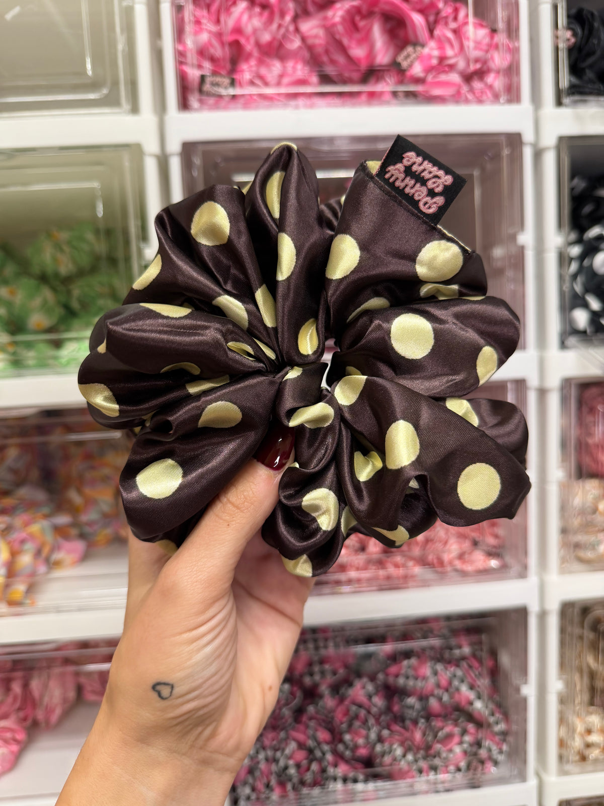 Brown & Yellow Polkadot XL Satin Hair Scrunchie