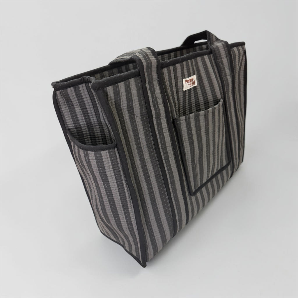 Grey & Black Stripe Travel Tote, Handmade Cotton Tote Bag