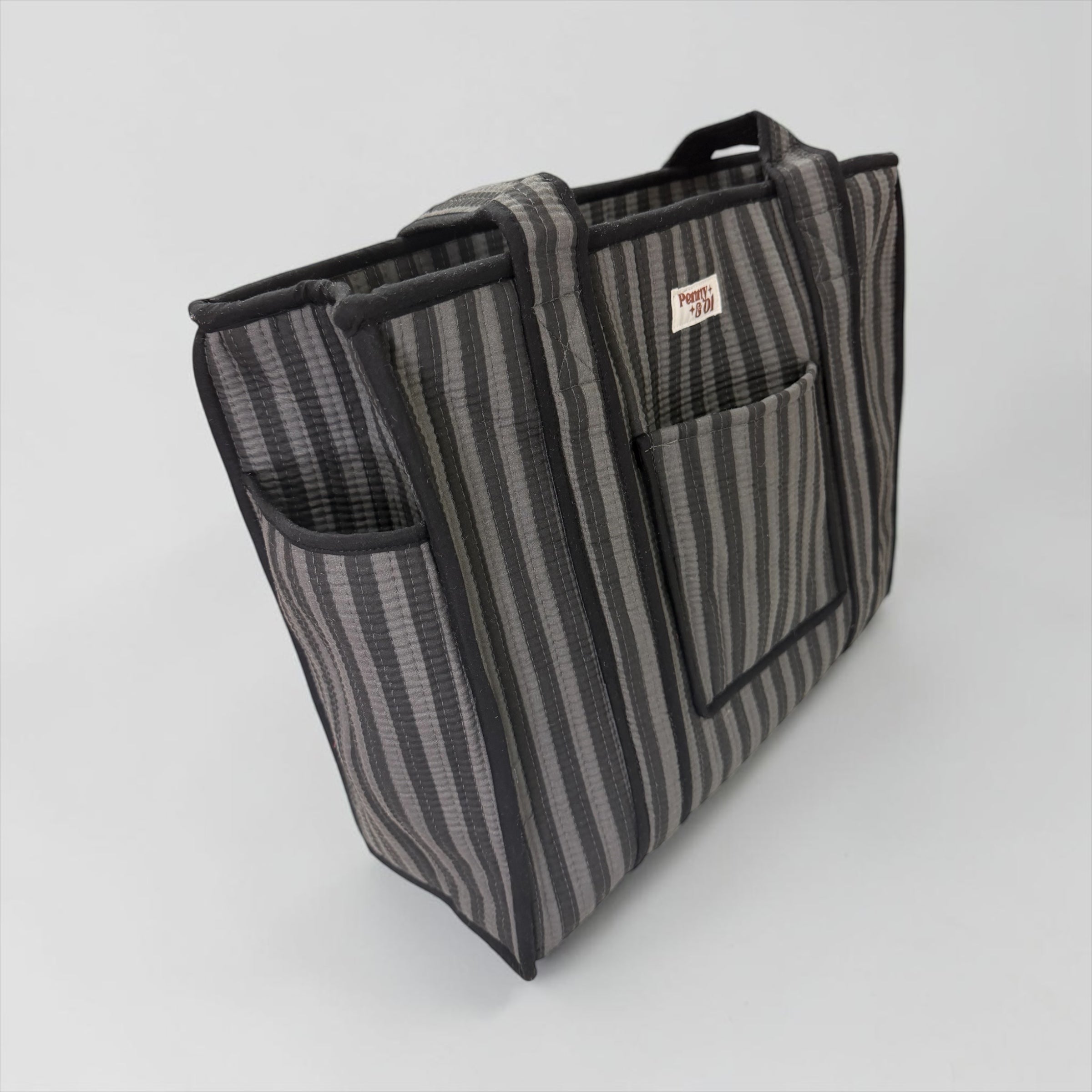 Grey & Black Stripe Travel Tote, Handmade Cotton Tote Bag