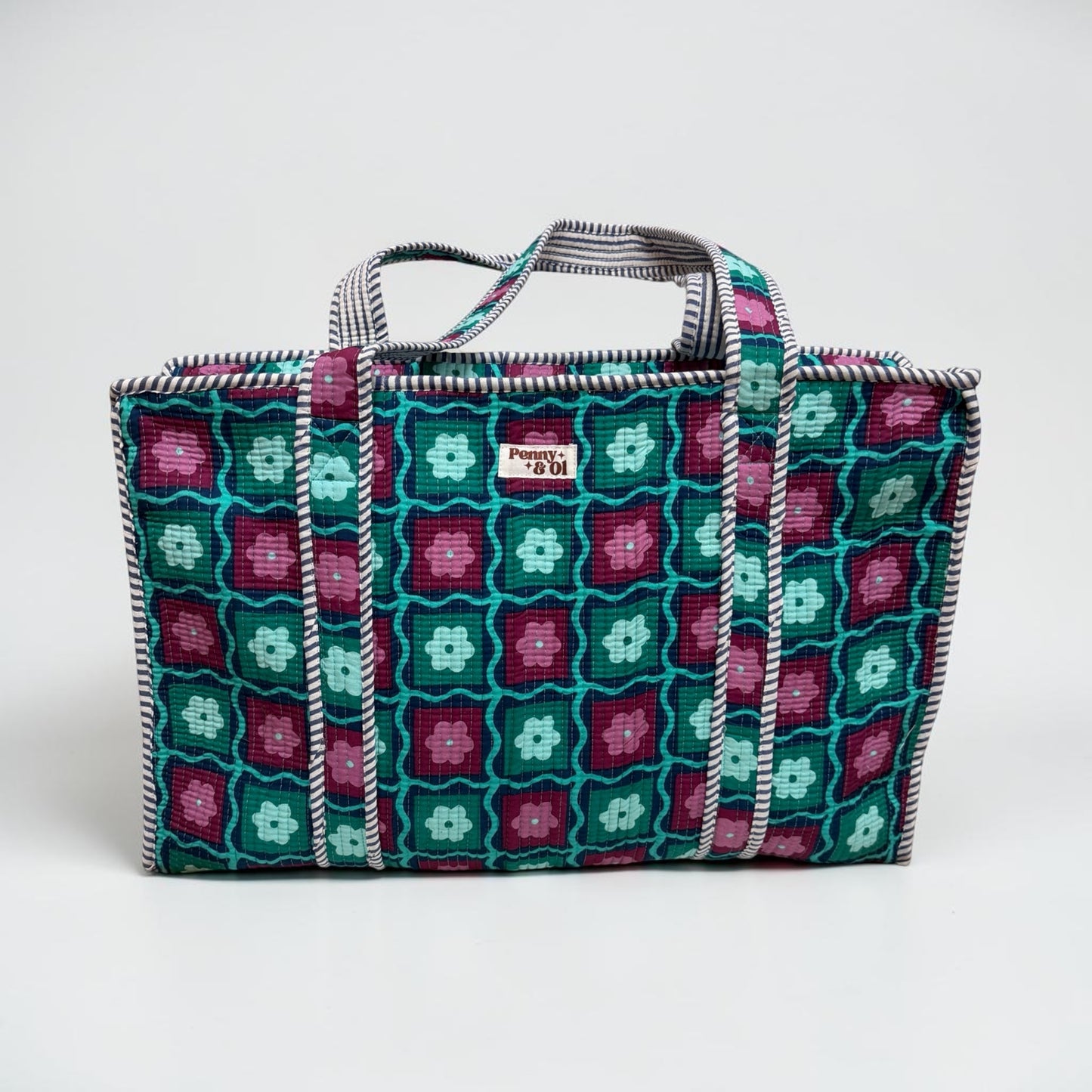 Green floral blocks LARGE Cotton Tote Bag