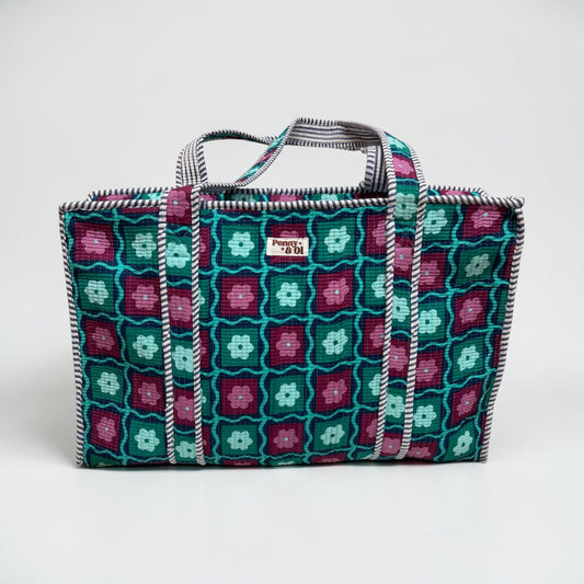 Green floral blocks LARGE Cotton Tote Bag