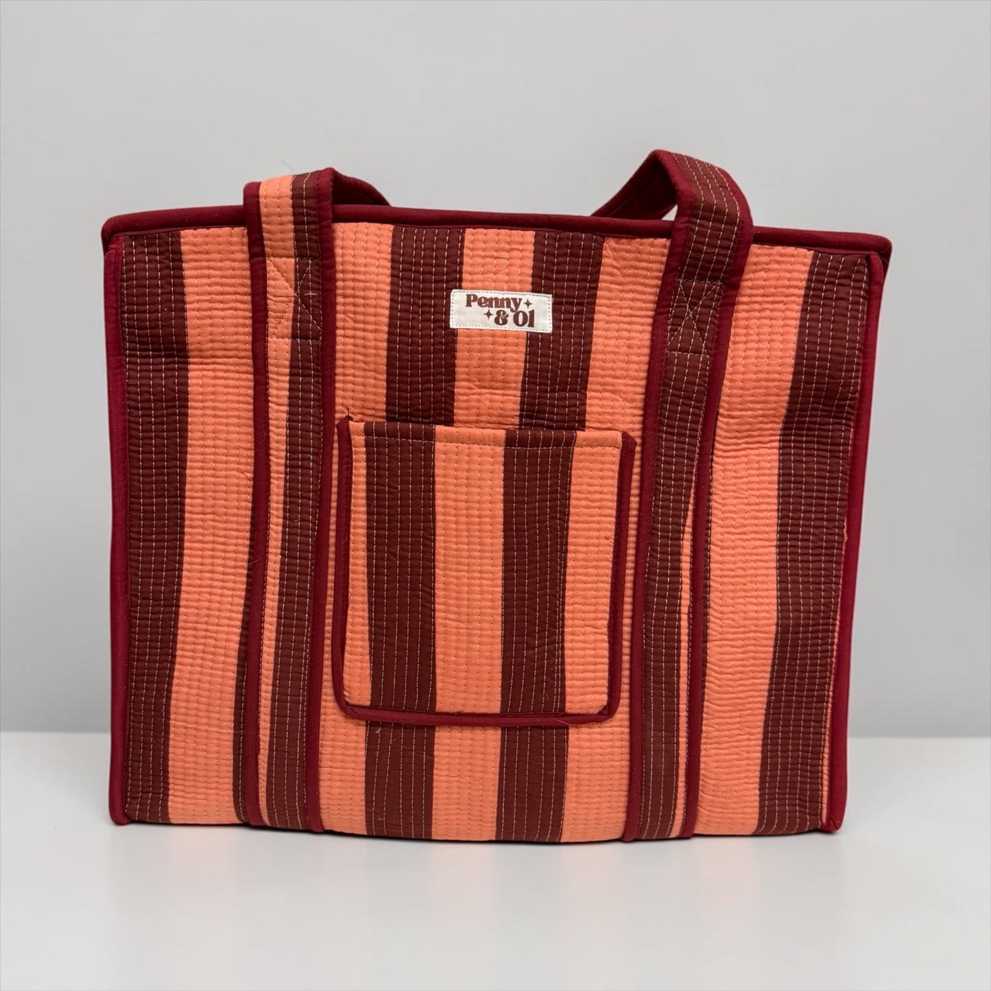 Burgundy  and peach stripe Travel Tote, Handmade Cotton Tote Bag