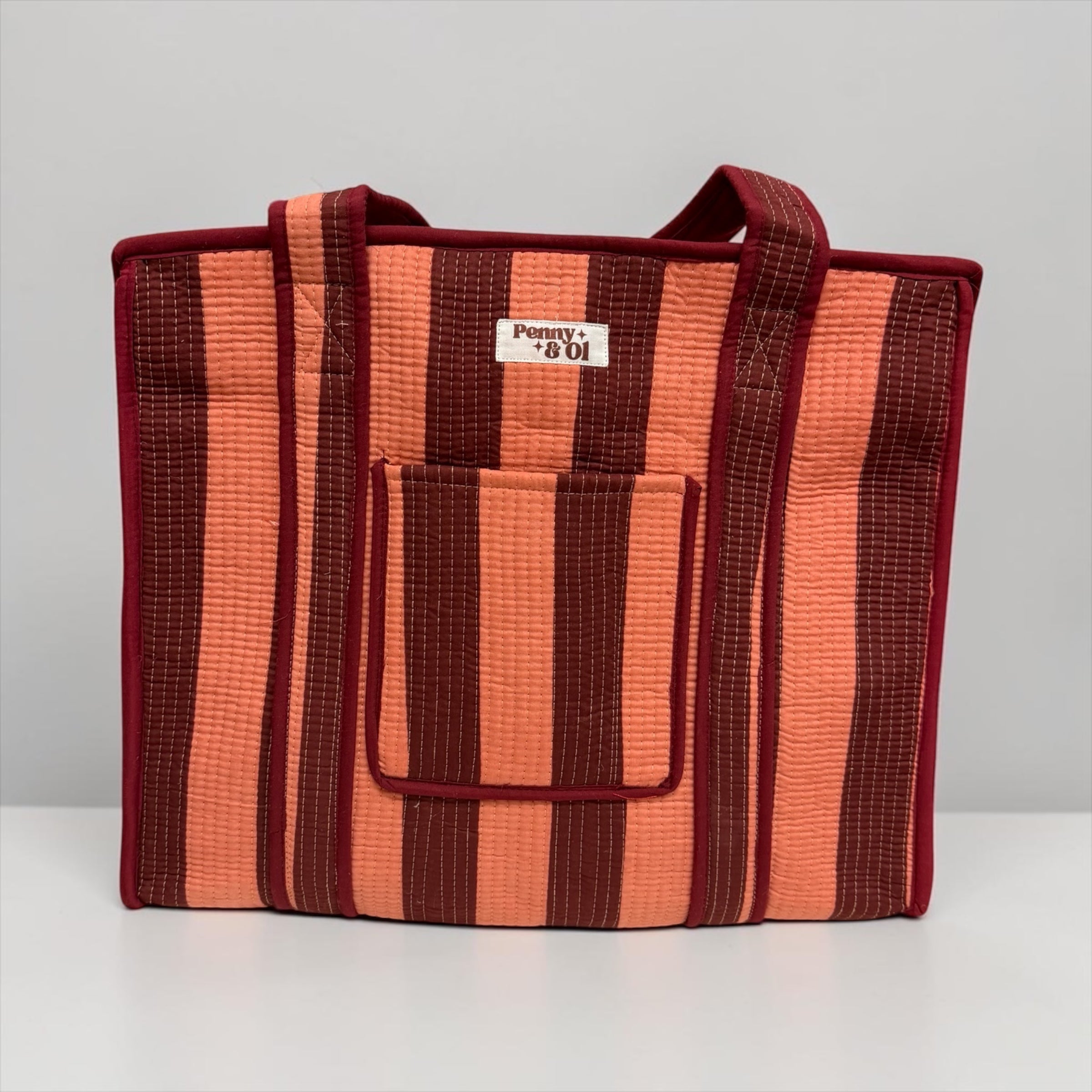 Burgundy  and peach stripe Travel Tote, Handmade Cotton Tote Bag